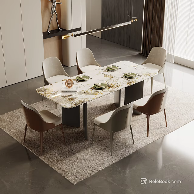 Modern Dining Table Set With Marble Top And Six Light Gray Brown Chairs 3d model 