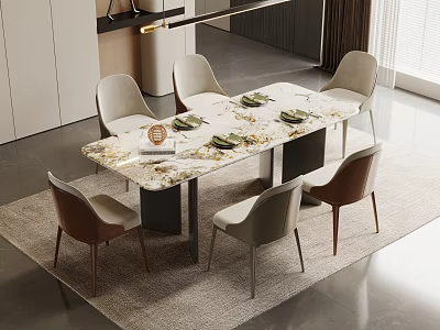 Modern Dining Table Set With Marble Top And Six Light Gray Brown Chairs 3d model
