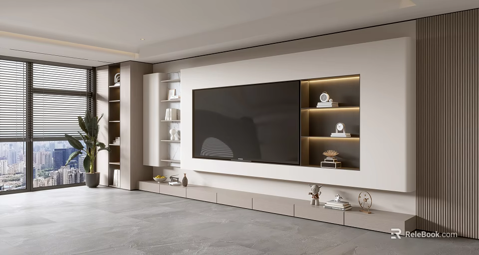 Modern Living Room TV Console With Sleek Design Storage Shelves And LED Lighting 3d model 