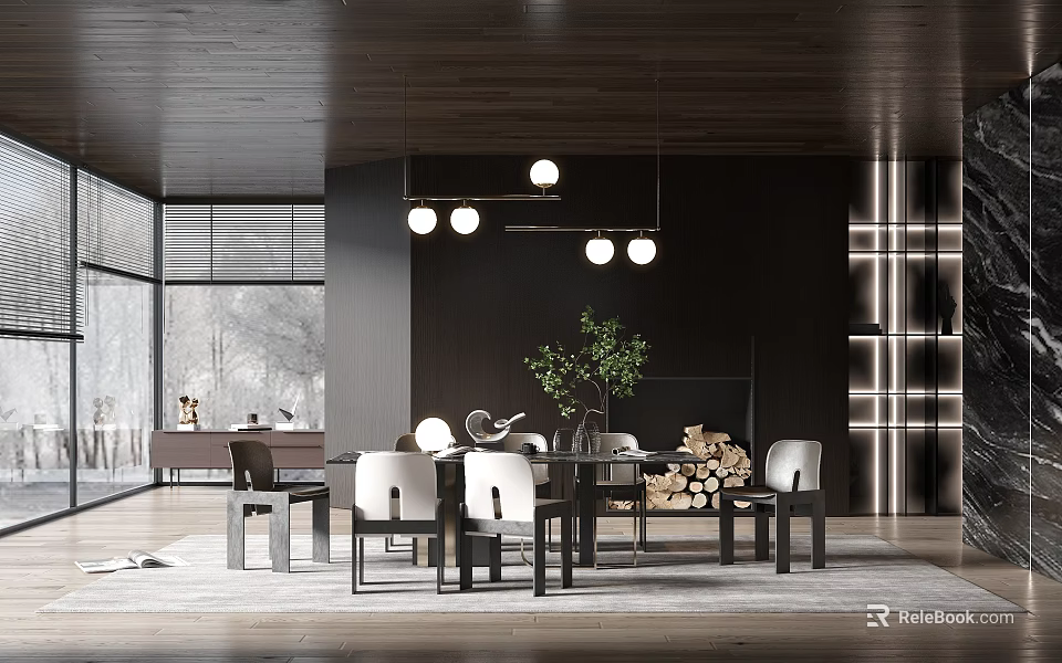 Modern Restaurant Interior With Dark Wooden Ceiling Pendant Lights White Chairs And Green Plant 3d model 