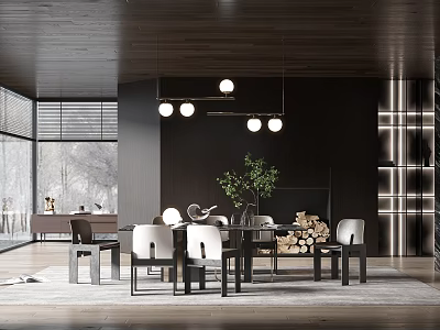 Modern Restaurant Interior With Dark Wooden Ceiling Pendant Lights White Chairs And Green Plant 3d model