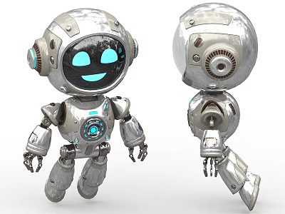 Smart Robot With Silver Metallic Body Blue Glowing Eyes Smiling Face And Mechanical Limbs 3d model