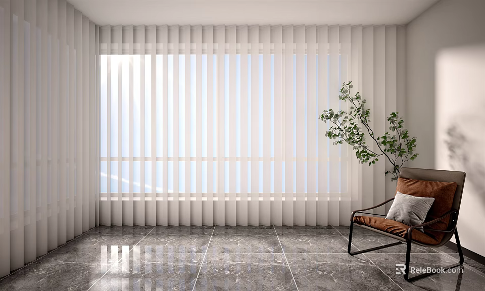 White Vertical Blinds in Modern Interior with Sunlight Marble Floor and Green Plant 3d model 
