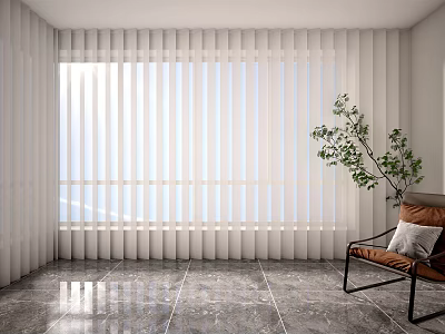 White Vertical Blinds in Modern Interior with Sunlight Marble Floor and Green Plant 3d model