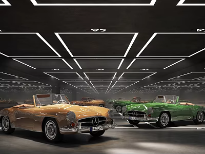 Modern Parking Garage Featuring Multiple Classic Cars in Different Colors and Contemporary Lighting Design 3d model