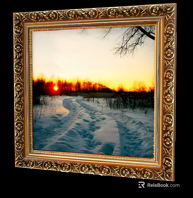Golden Ornate Frame Showing Snowy Sunset Scene With Footprints In Snow Distant Trees Red Sun 3d model 