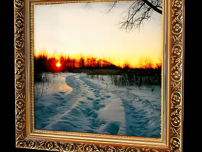 Golden Ornate Frame Showing Snowy Sunset Scene With Footprints In Snow Distant Trees Red Sun 3d model