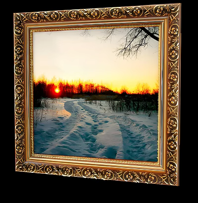 Golden Ornate Frame Showing Snowy Sunset Scene With Footprints In Snow Distant Trees Red Sun 3d model