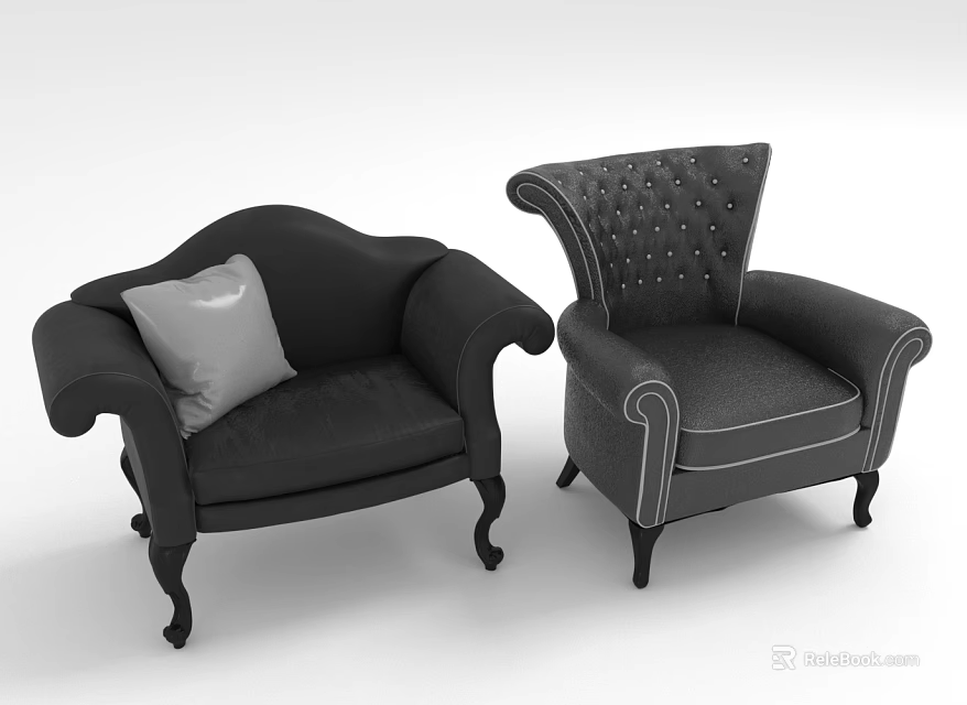 Stylish Black Armchairs With Gray Cushion Tufted Details And Stitched Accents 3d model 