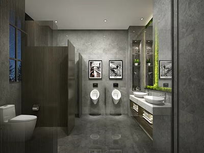 Modern Public Restroom Interior With Stalls Urinals Double Sinks Mirrors Green Plants And Artwork 3d model