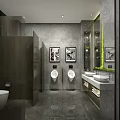 Modern Public Restroom Interior With Stalls Urinals Double Sinks Mirrors Green Plants And Artwork