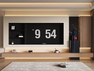 Modern TV Wall Design With Open Shelves Wooden Cabinets And Ambient Lighting 3d model