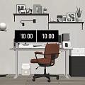 Modern Office Desk With Orange Chair Black Digital Displays Wall Shelves And Floor Lamp