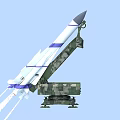 Military Weapon Missile With Blue White Stripes Launched From Camouflage Launcher Emitting Flames