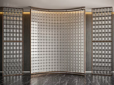 Modern Decorative Screen With Brass Frame Glass Grid And Side Display Cabinets 3d model