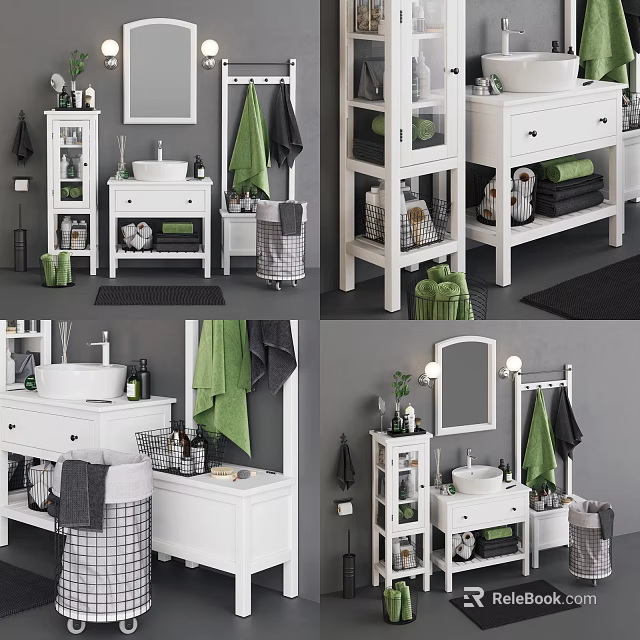 Stylish White Washbasin Setup With Cabinet Mirror Green Towels And Decorative Items 3d model 