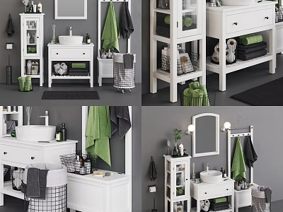 Stylish White Washbasin Setup With Cabinet Mirror Green Towels And Decorative Items 3d model