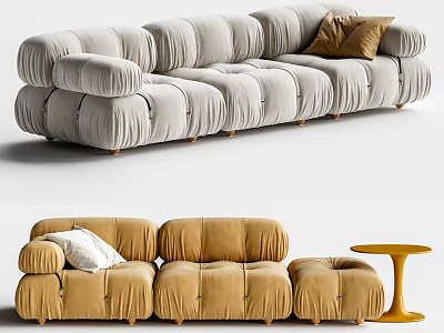 Multi Seater Sofa In Modern Light Gray Tufted Velvet With Metal Legs And Pillows 3d model