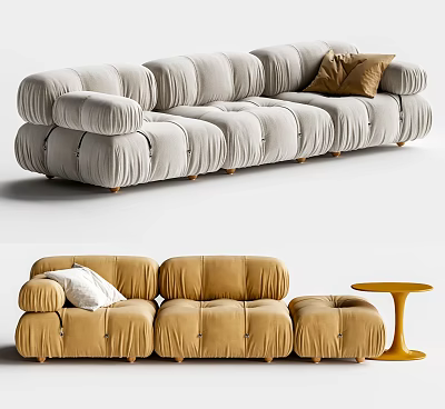 Multi Seater Sofa In Modern Light Gray Tufted Velvet With Metal Legs And Pillows 3d model