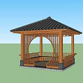 Traditional Chinese Wooden Pavilion With Circular Opening Lattice Design Tiled Roof And Bench