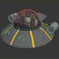 Vintage Metallic Flying Saucer With Transparent Cockpit Yellow Stripes And Side Engines