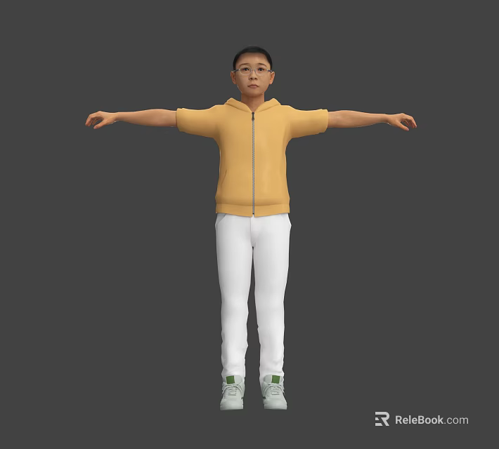 Man in Yellow Hoodie White Pants and Green Shoes With Arms Outstretched Against Gray Background 3d model 