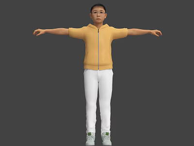 Man in Yellow Hoodie White Pants and Green Shoes With Arms Outstretched Against Gray Background 3d model