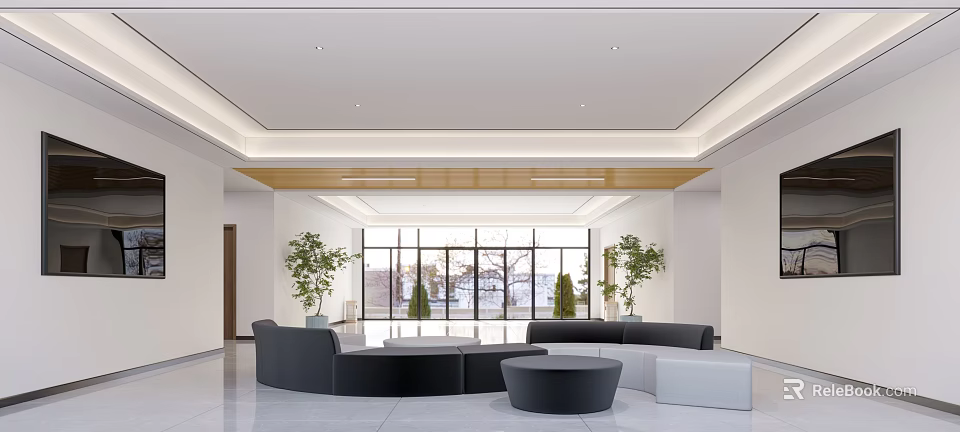 Spacious Modern Hotel Lobby With Large Windows Green Plants And Comfortable Sofas 3d model