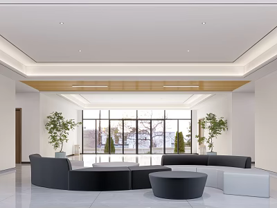 Spacious Modern Hotel Lobby With Large Windows Green Plants And Comfortable Sofas 3d model