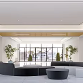 Spacious Modern Hotel Lobby With Large Windows Green Plants And Comfortable Sofas 3d model