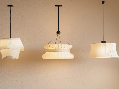 Modern Pendant Lights With Different White Fabric Shades Hanging On Beige Wall 3d model