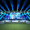 Outdoor Stage Setup With Blue Lighting Truss Framework Large Screen And Steps On Grass Field 3d model