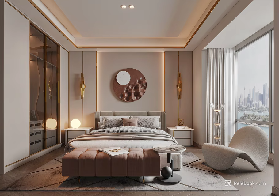Elegant Modern Bedroom Interior With Bed Bench Accent Chair And City View Window 3d model 