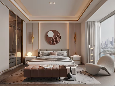 Elegant Modern Bedroom Interior With Bed Bench Accent Chair And City View Window 3d model