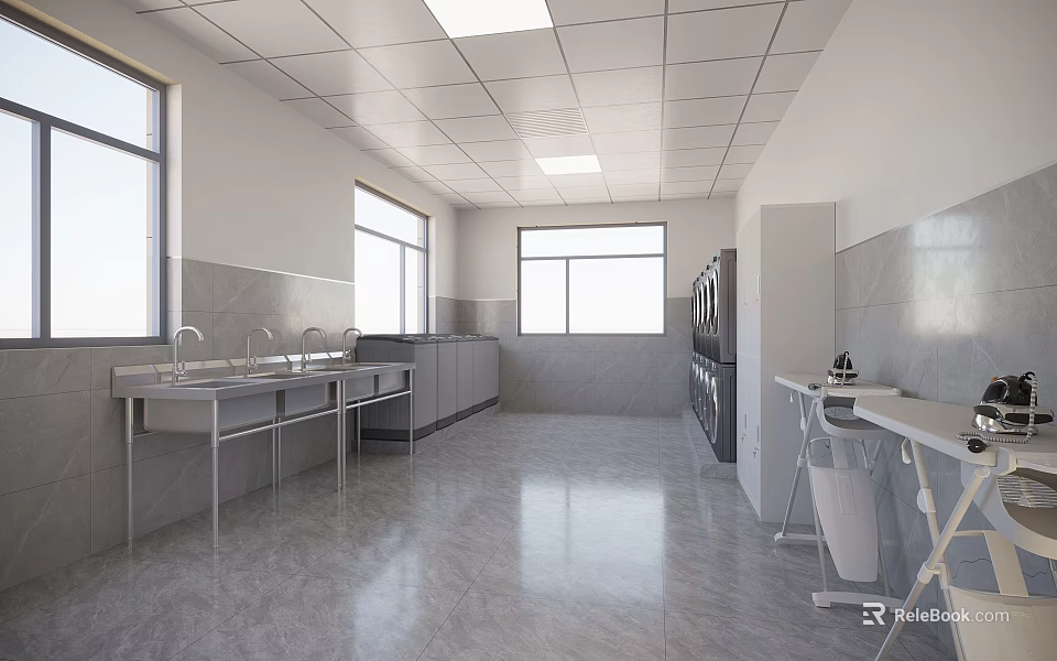 Industrial Workspace Interior With Windows White Ceiling Gray Floor Stainless Steel Sinks And Storage Cabinets 3d model 