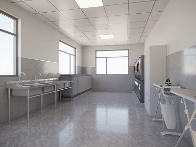 Industrial Workspace Interior With Windows White Ceiling Gray Floor Stainless Steel Sinks And Storage Cabinets 3d model