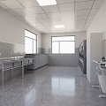 Industrial Workspace Interior With Windows White Ceiling Gray Floor Stainless Steel Sinks And Storage Cabinets