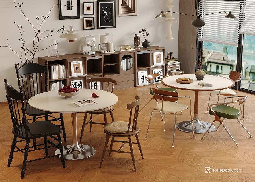Modern Dining Space With Round Tables And Mixed Style Chairs On Herringbone Floor 3d model 