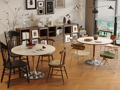 Modern Dining Space With Round Tables And Mixed Style Chairs On Herringbone Floor 3d model