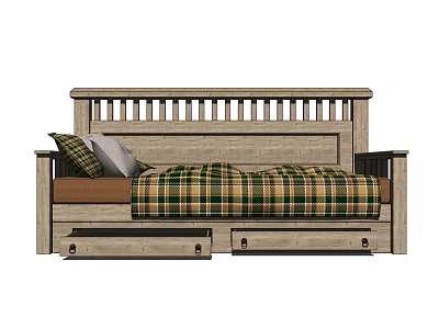 Wooden Multi Person Sofa With Storage Drawers Plaid Blanket And Accent Pillows 3d model