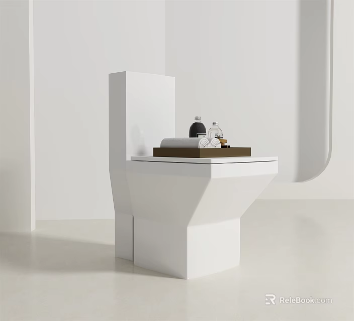 Sleek Modern White Toilet With Square Design And Decorative Tray On Top Surface 3d model 
