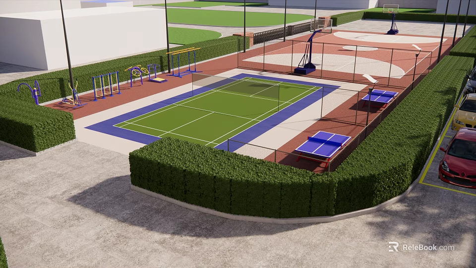Outdoor Multifunctional Sports Area With Tennis Court Table Tennis Tables Fitness Equipment And Green Hedges 3d model 