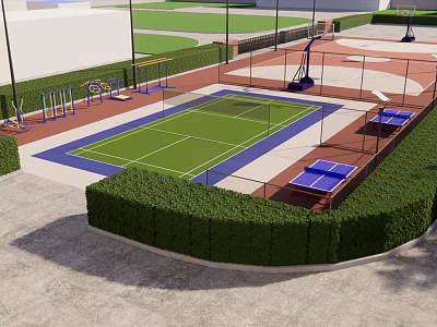 Outdoor Multifunctional Sports Area With Tennis Court Table Tennis Tables Fitness Equipment And Green Hedges 3d model