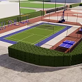 Outdoor Multifunctional Sports Area With Tennis Court Table Tennis Tables Fitness Equipment And Green Hedges