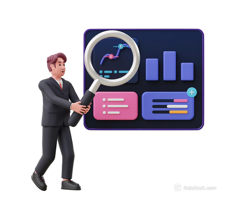 Man in suit holding magnifying glass analyzing data with charts bar graphs and list interface 3d model