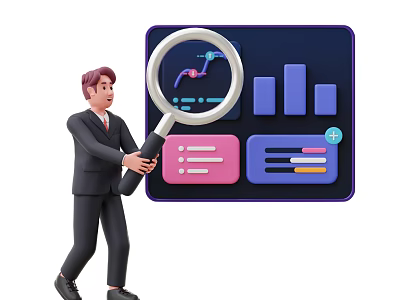 Man in suit holding magnifying glass analyzing data with charts bar graphs and list interface 3d model
