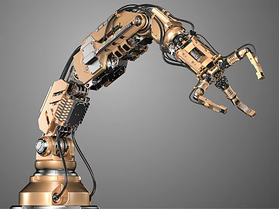 Intelligent Robotic Arm with Golden Complex Structure and Mechanical Fingers on Grey Background 3d model