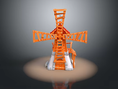 Orange Windmill Sculpture Carving With Rotating Blades And White Base Structure 3d model