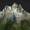Snowy Mountain Terrain With Towering Peaks Snow Covered Rocks And Green Vegetation