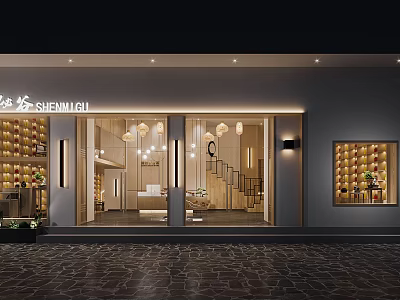 Modern Mall Store Exterior Design With Glass Doors Illuminated Lighting And Display Shelves 3d model